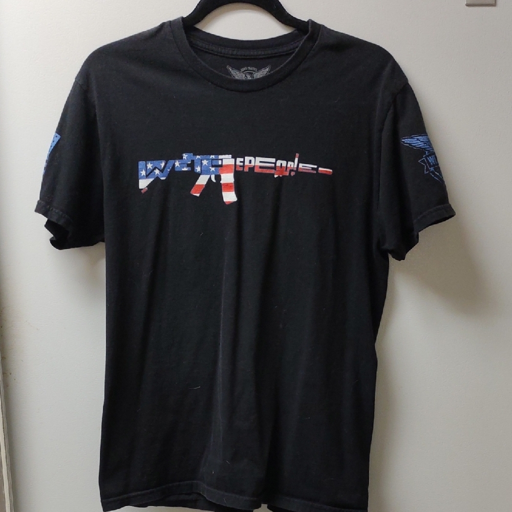 Patriotic Black Tee with American Flag Rifle Graphic